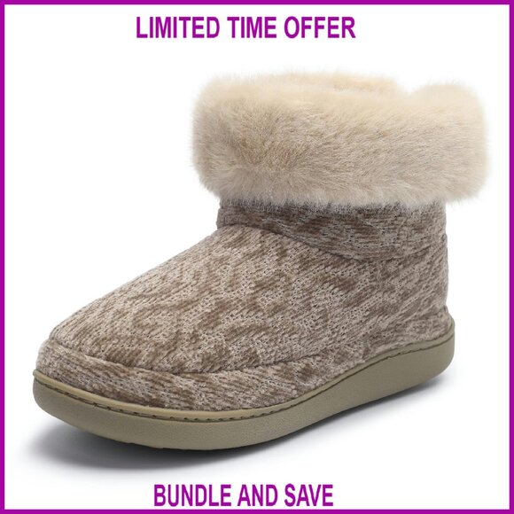 Shoes - Women's Fuzzy Lined Knit Bootie Slippers Non-Slip Indoor Outdoor Shoes